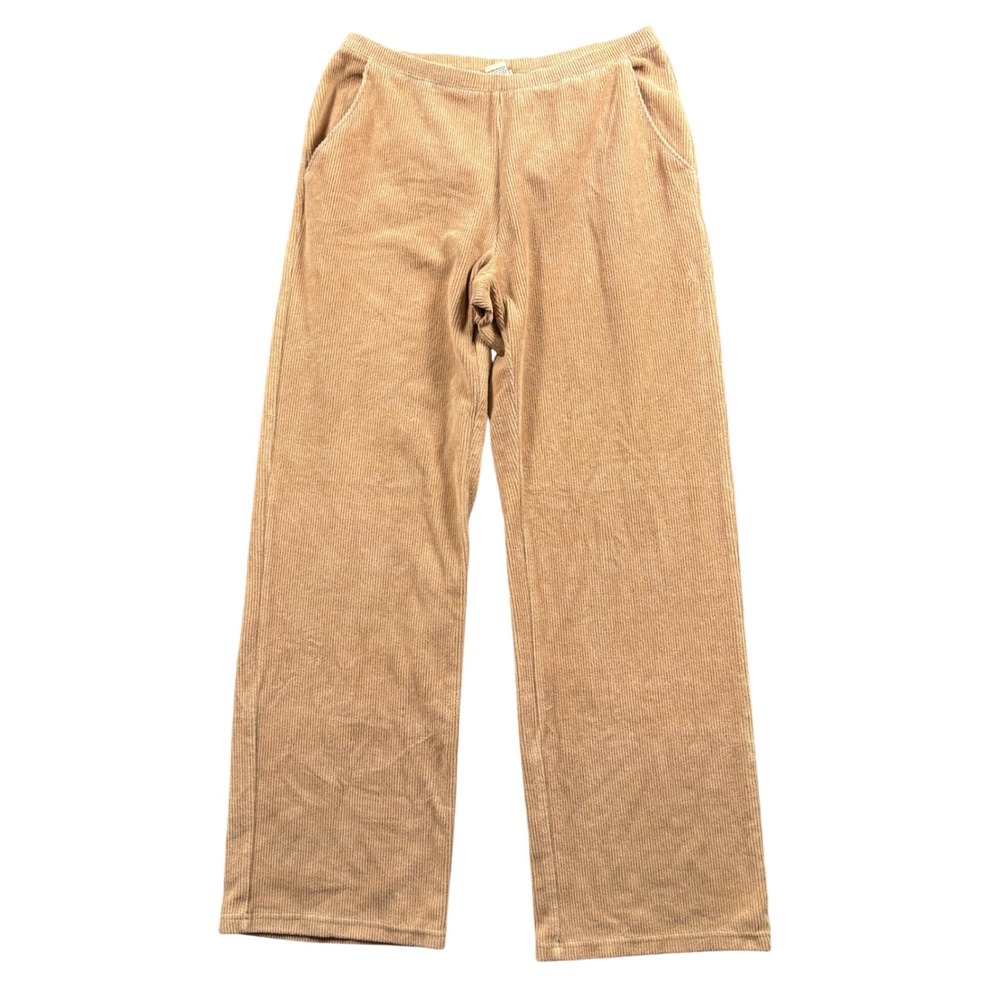 LL Bean Corduroy Pants Womens M 28 Tan Wide Leg Elastic Waist Pull On Vintage